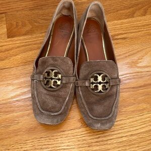 Tory Burch Tan Suede Loafers with Gold Logo